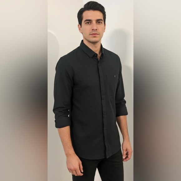 ARMANI EXCHANGE 2015 Black Textured Hidden Buttons Pocket Slim Shirt Men's Small - Picture 1 of 9